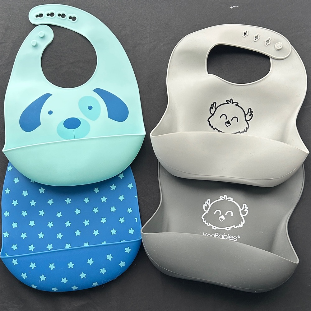 Silicone Baby Bibs Set - Mint, Blue & Gray - Soft Waterproof Pocket Bibs